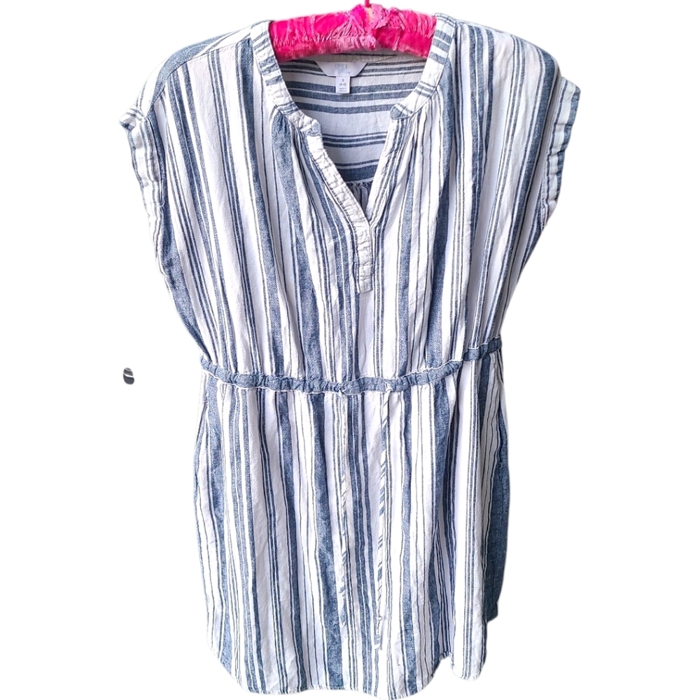 Time and Tru Blue White Striped Linen Blend Mini Dress Size Small Drawstring